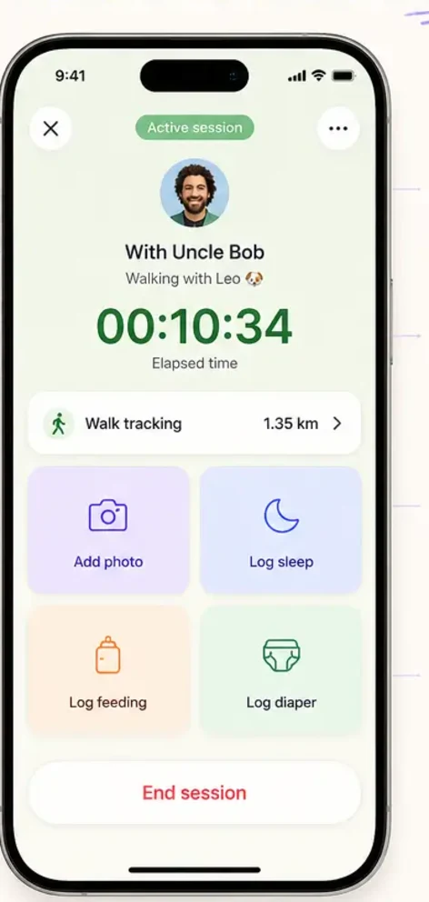 Ekran aktywnej sesji opieki w Circly z timerem, spacerem i szybkimi logami snu, karmienia oraz pieluchy.