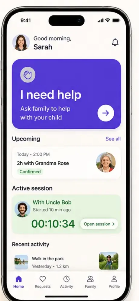 Ekran aplikacji Circly z główną akcją I need help, nadchodzącą opieką i aktywną sesją rodzinną.
